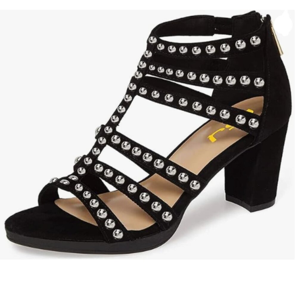 FSJ Black Studded Chunky High Heel Sandals Open Toe T-Strap Cutout Dress Shoe